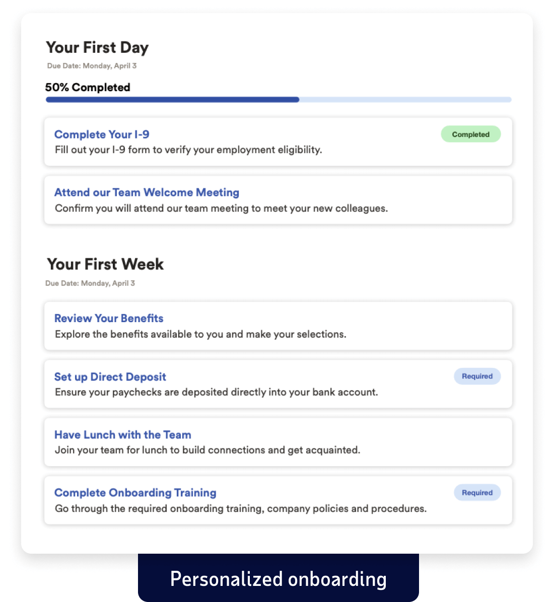 graphic that depicts the personalized onboarding experience portion of the ADP Lyric HCM product interface
